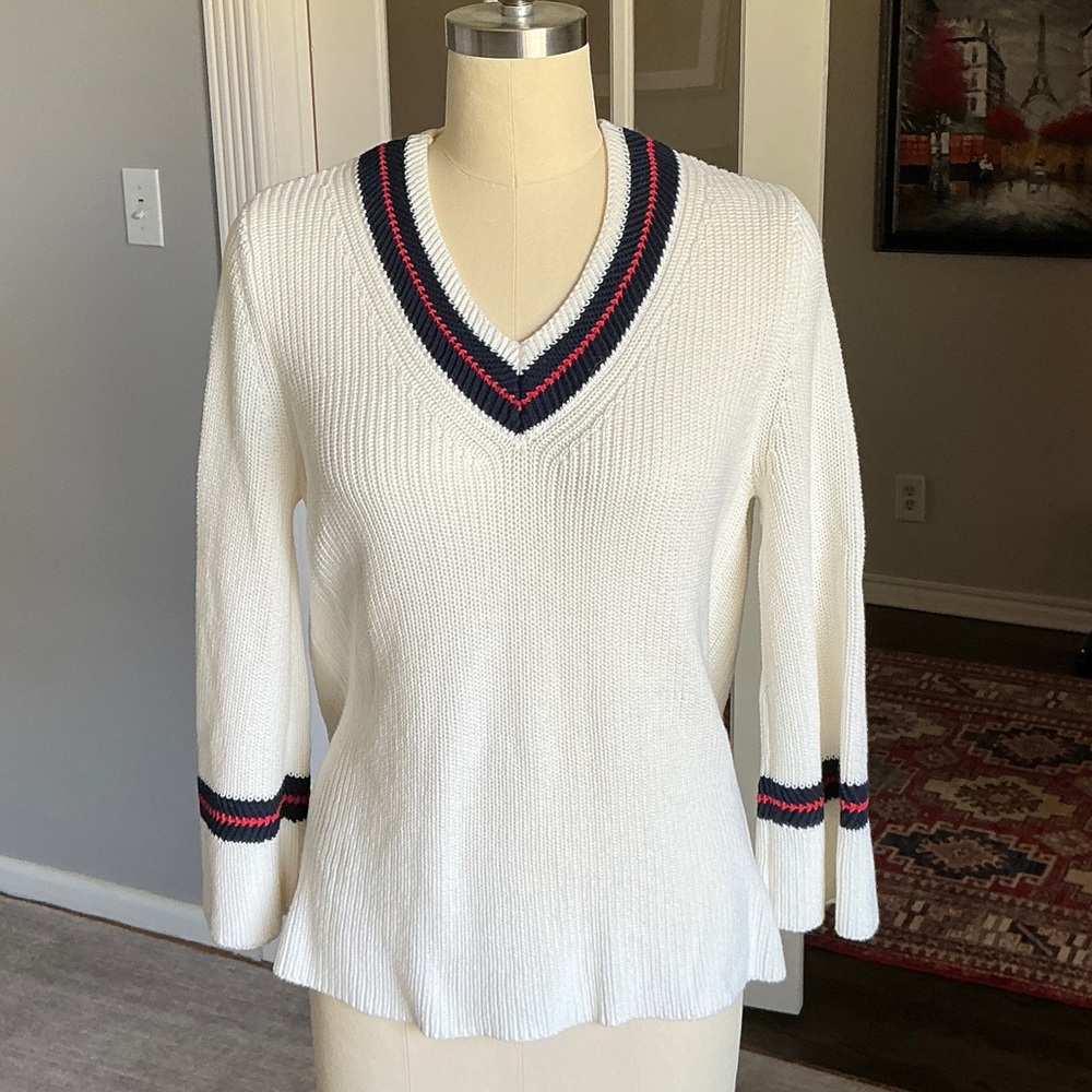 CAbi White V-Neck Sweater with Navy & Red Trim